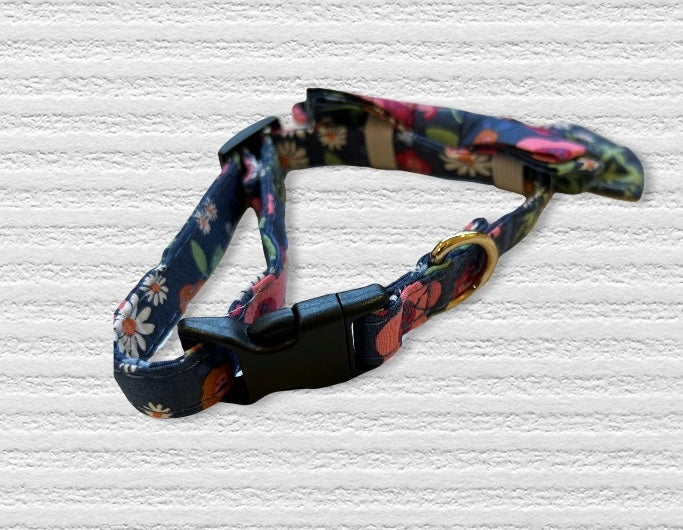 Blue Flower Dog Collar with Bow