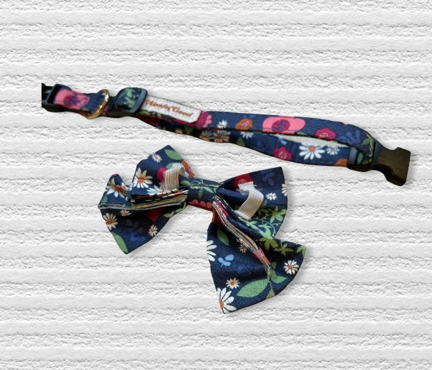 Blue Flower Dog Collar with Bow