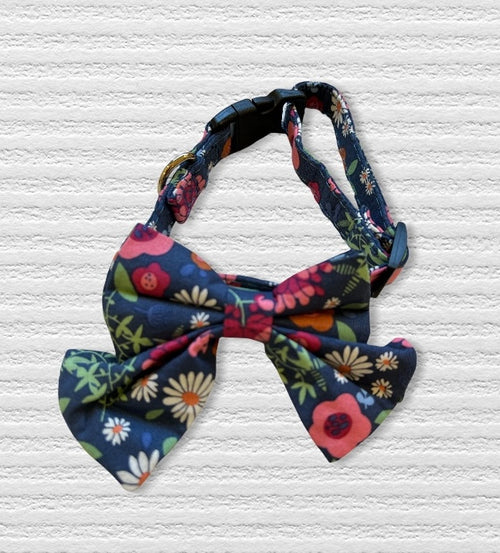 Blue Flower Dog Collar with Bow