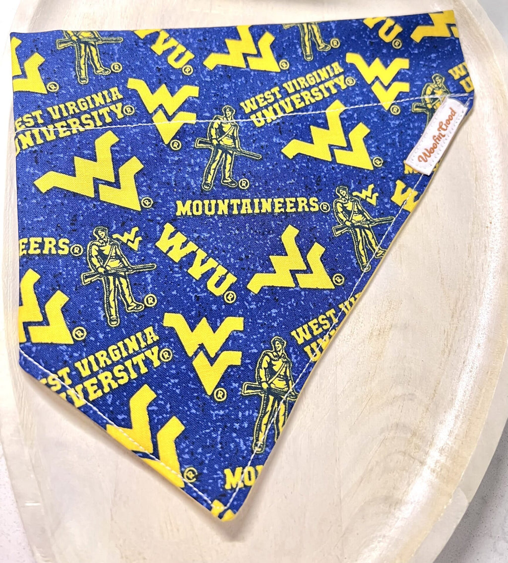 West Virginia MOUNTAINEERS Dog Bandanna over the collar