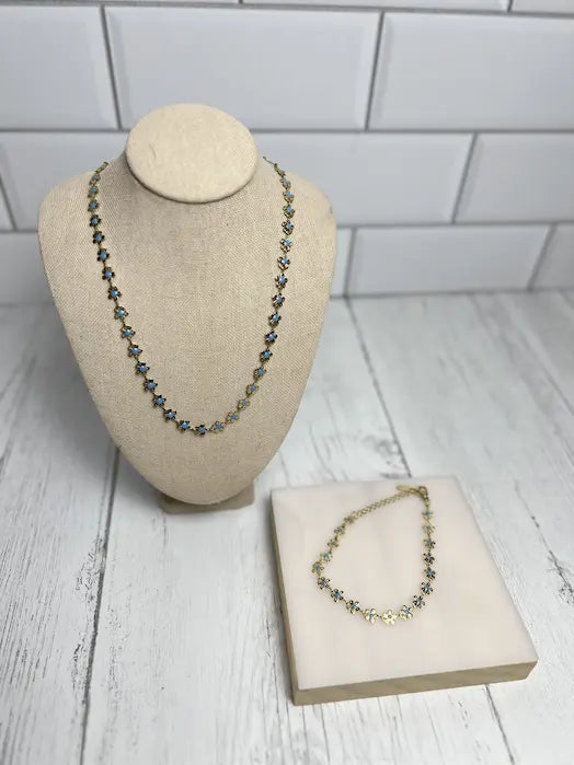 Blue Blossom Chain Necklace and Bracelets