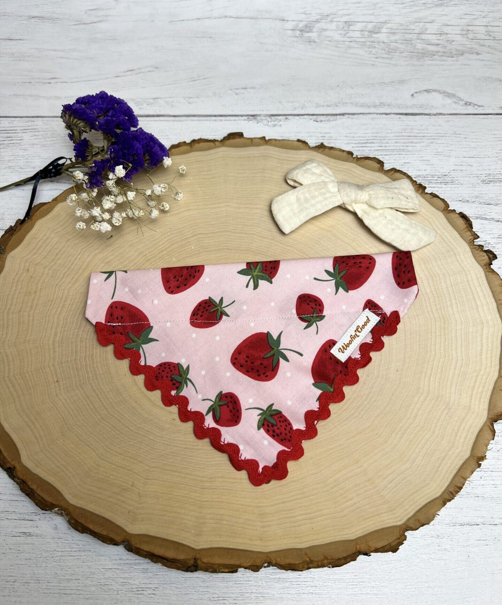 strawberry dog bandanna over the collar
