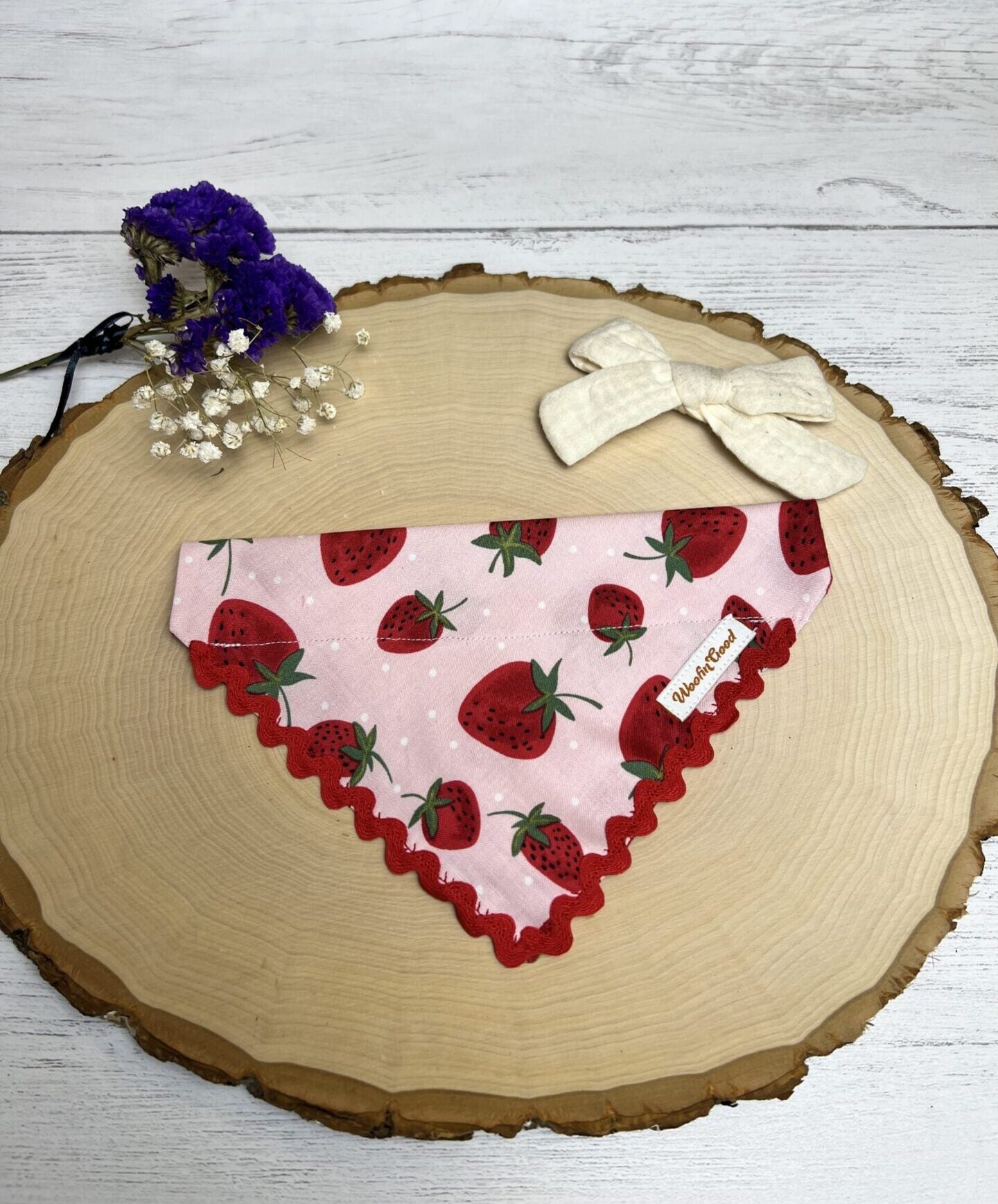 strawberry dog bandanna over the collar