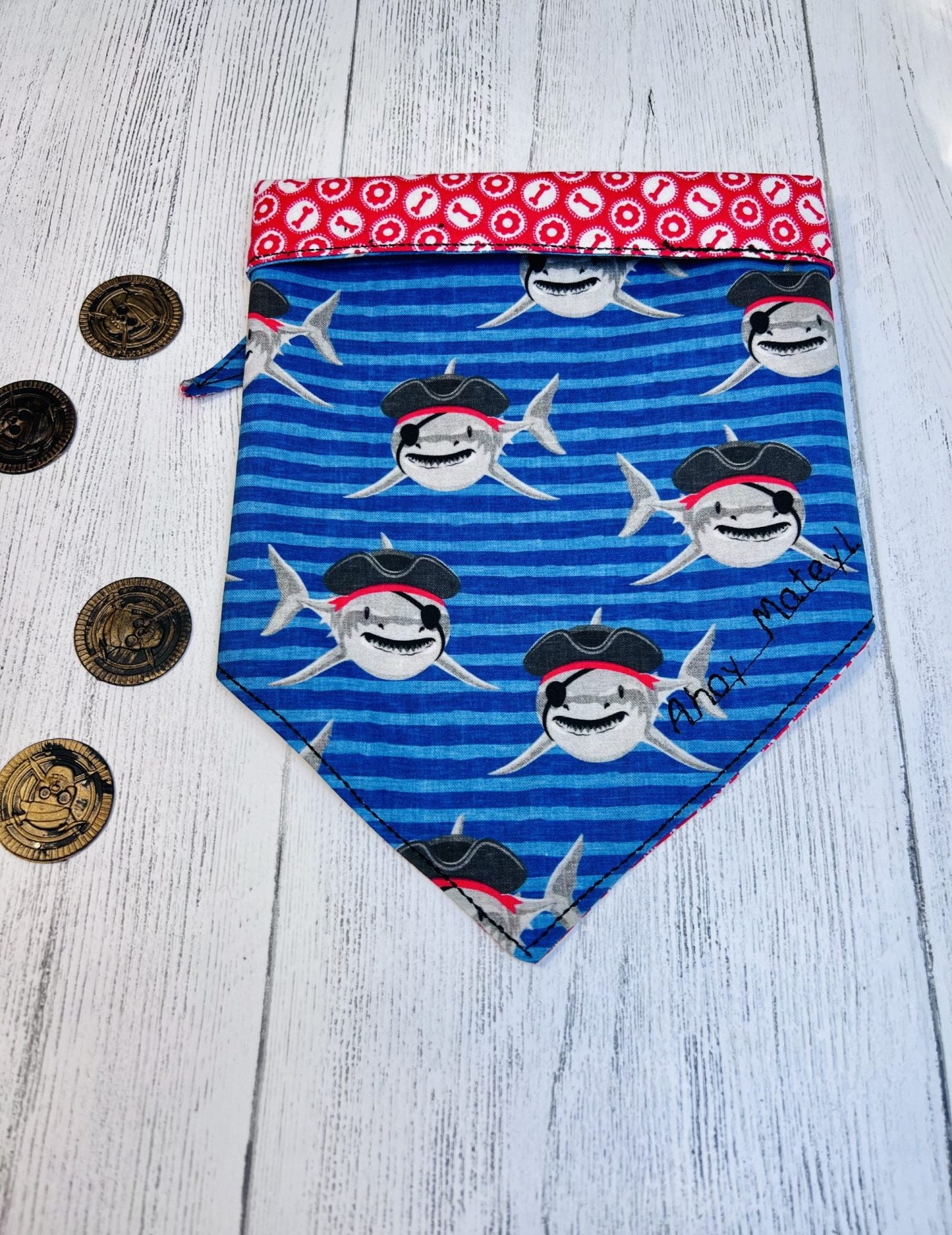 Pirate Shark tie dog bandanna with a snap