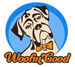Logo of a dog with a bow tie and 'Woofin Good' text inside a blue circle.